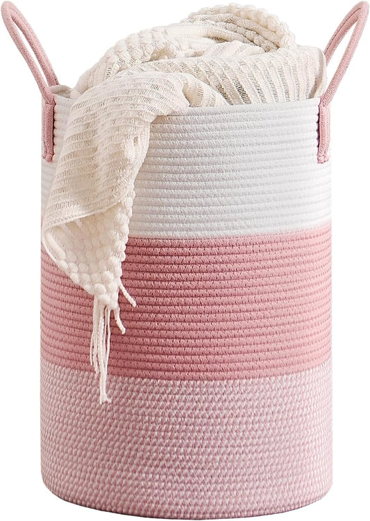 40L Laundry Basket round Storage Rope Basket - 13X18 Inches - Pink Hamper in Bedreoom and Cute Storage Bin for Blankets, Toys, and Nursery Essentials