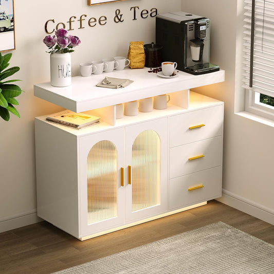 Sideboard Buffet Cabinet with Charging Station, Coffee Bar Table with RGB LED Light, Auto-Sensor Design, Bar Cabinet with Storage with 3 Drawers and 2 Doors for Kitchen, Dinning(White)