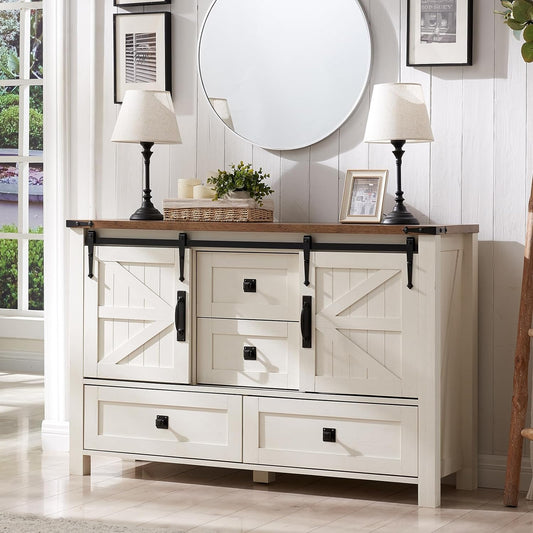 Farmhouse Dresser for Bedroom W/4 Drawers & Sliding Barn Doors, 48'' Wide Chest of Drawers, Rustic Dresser TV Stand W/Shelf, Organizer for Bedroom, Living Room, Entryway, Antique White