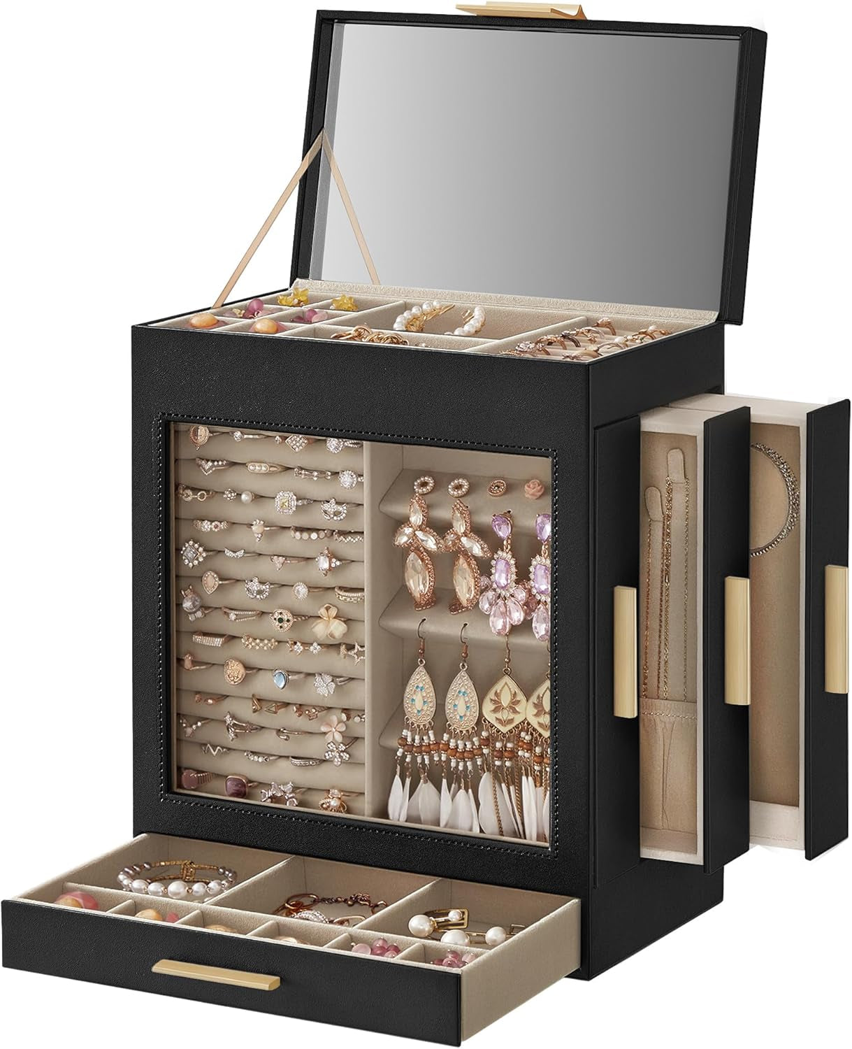 Jewelry Box with Glass Window, 5-Layer Jewelry Organizer with 3 Side Drawers, Jewelry Storage, with Big Mirror, Modern, 6.1 X 10.3 X 12.6 Inches, Cloud White and Metallic Gold UJBC162W01
