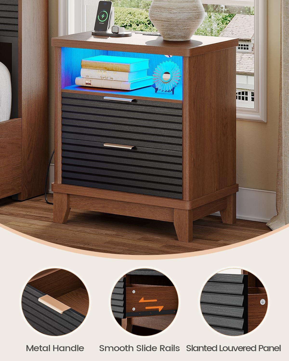 Fluted Night Stand Set of 2 with Charging Station and 2 Drawers, Black Nightstands Set of 2, beside Table with Open Storage and Led Lights, Retro End Side Table for Bedroom, Black