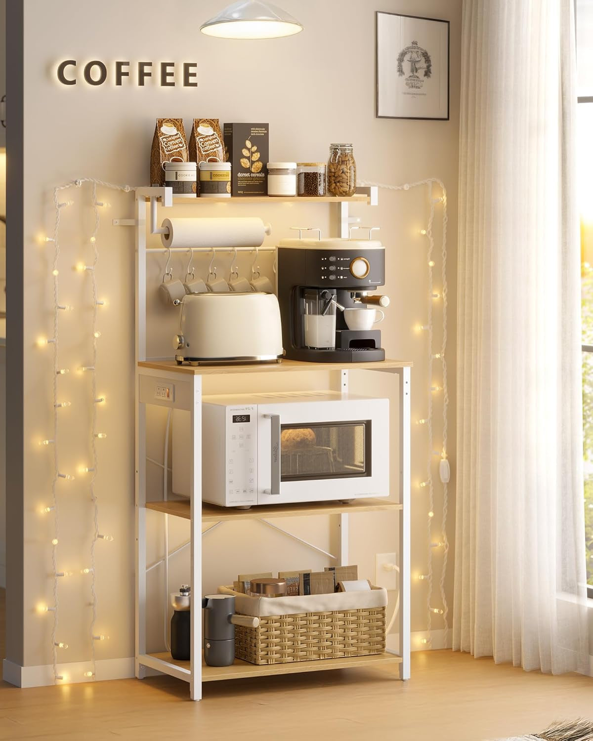 Kitchen Bakers Rack with Power Outlet, Coffee Bar 4-Tier with 8 S Hooks, Microwave Stand, Adjustable Shelf, for Small Spaces, Golden Oak and Cloud White UKKS014Y01V1