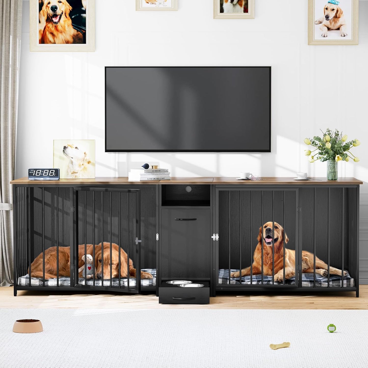 Double Dog Crate Furniture 94.5 Inch with Feeder Bowls, Large Breed Dog Kennel with Divider and Storage Drawer, Heavy Duty Dog House TV Stand Indoor for 2 Large/Medium Dogs, Black