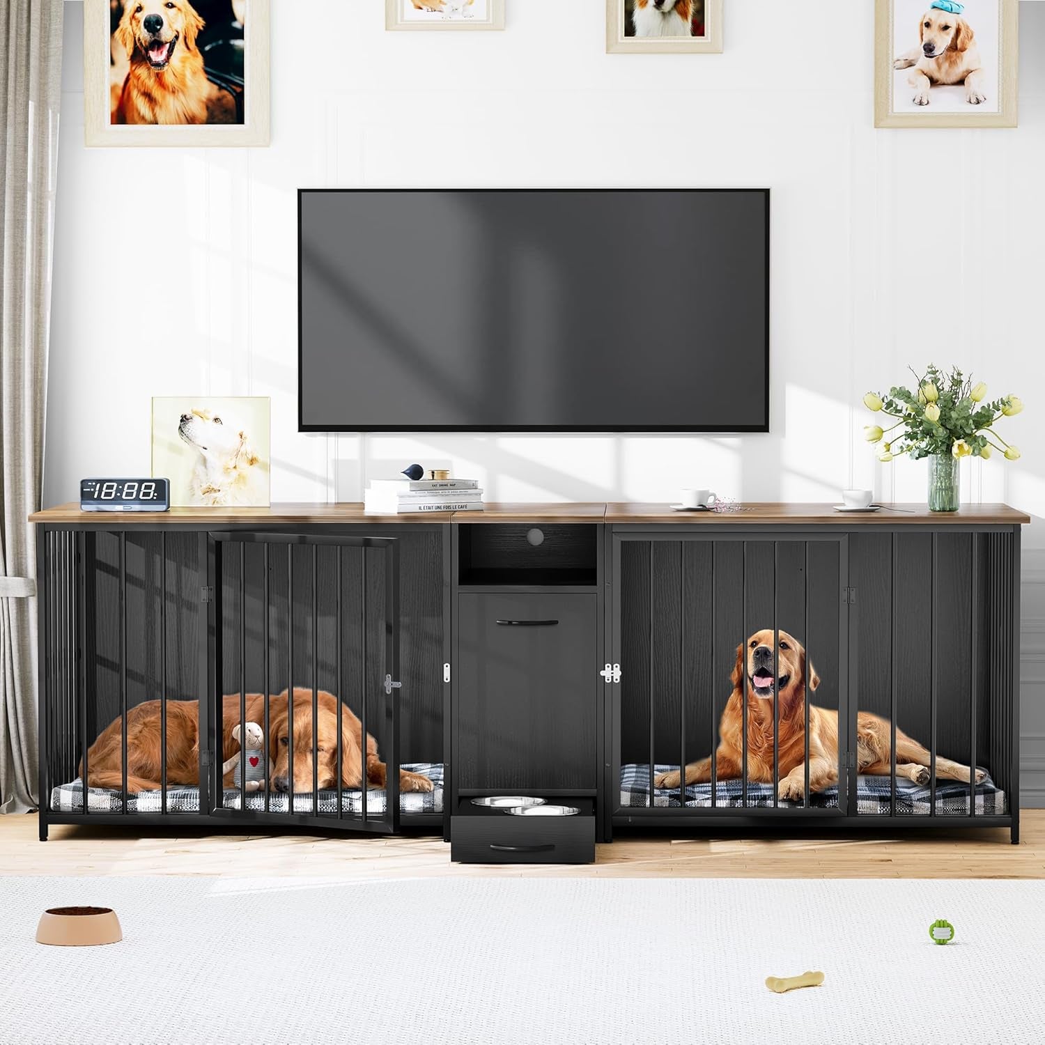 Double Dog Crate Furniture 94.5 Inch with Feeder Bowls, Large Breed Dog Kennel with Divider and Storage Drawer, Heavy Duty Dog House TV Stand Indoor for 2 Large/Medium Dogs, Black