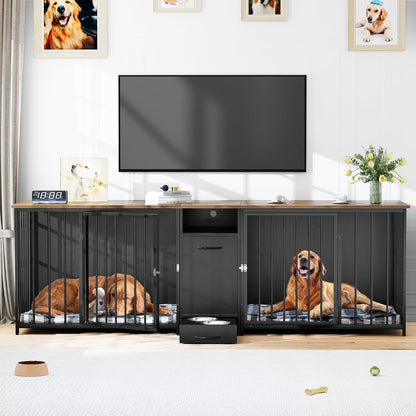 94.5" Large Dog Crate Furniture with Feeder Bowls, Heavy Duty Dog Kennel with Room Divider and Drawer, Wooden Dog House TV Stand Table Indoor for 2 Large/Medium Dogs, Brown