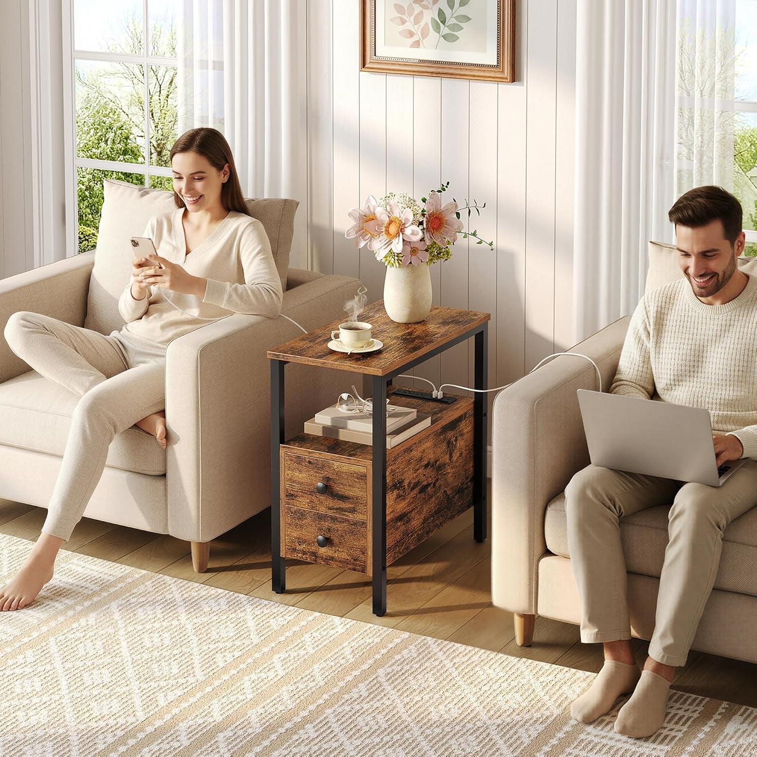 End Table with Charging Station, Narrow Side Table with 2 Drawer & USB Ports & Power Outlets, Nightstand for Small Spaces, for Living Room, Bedroom, Rustic Brown and Black BF541BZ01