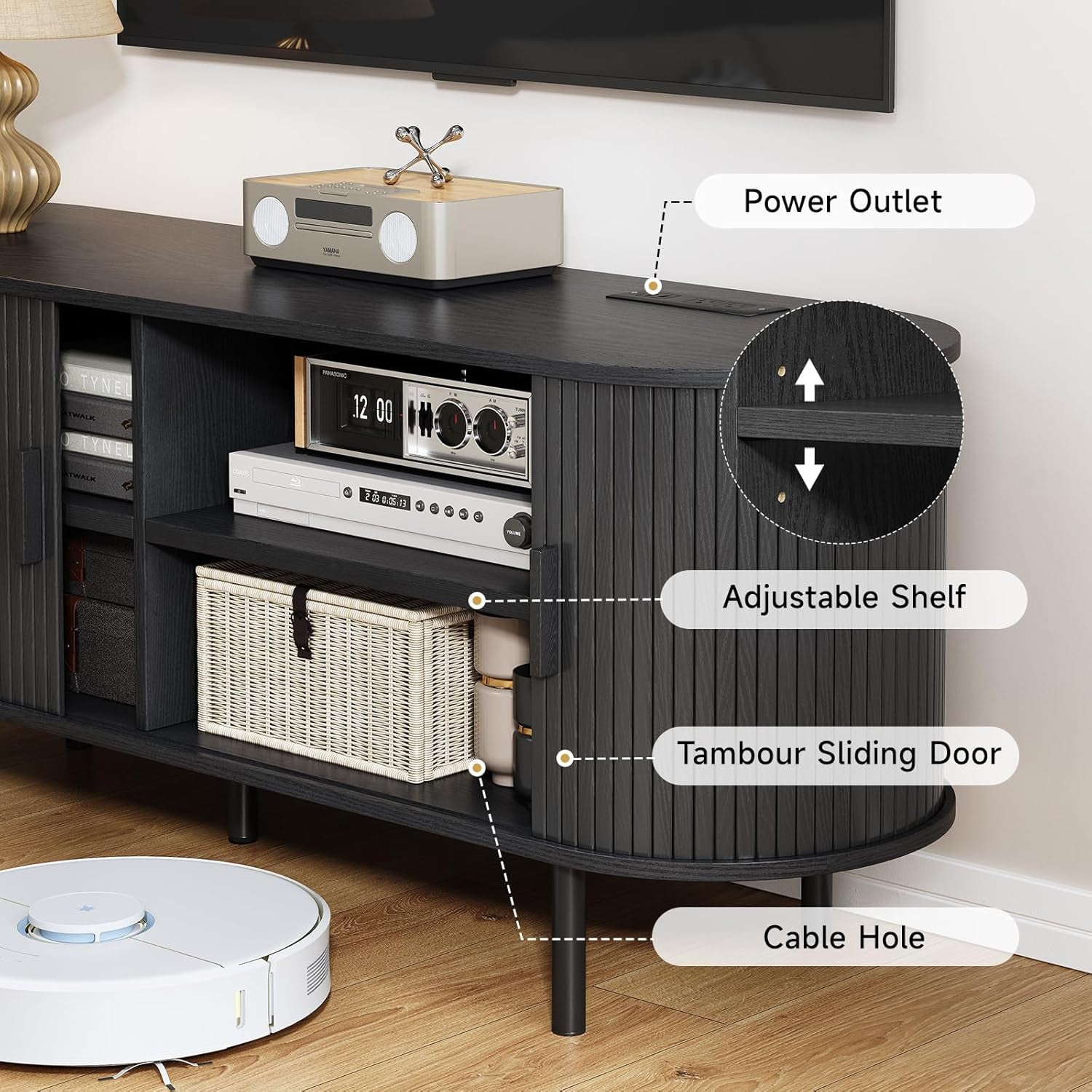 63" TV Stand with Power Outlet, Modern Media Console with Sliding Doors, Entertainment Center for Tvs up to 60 Inch, Adjustable Shelves, Black