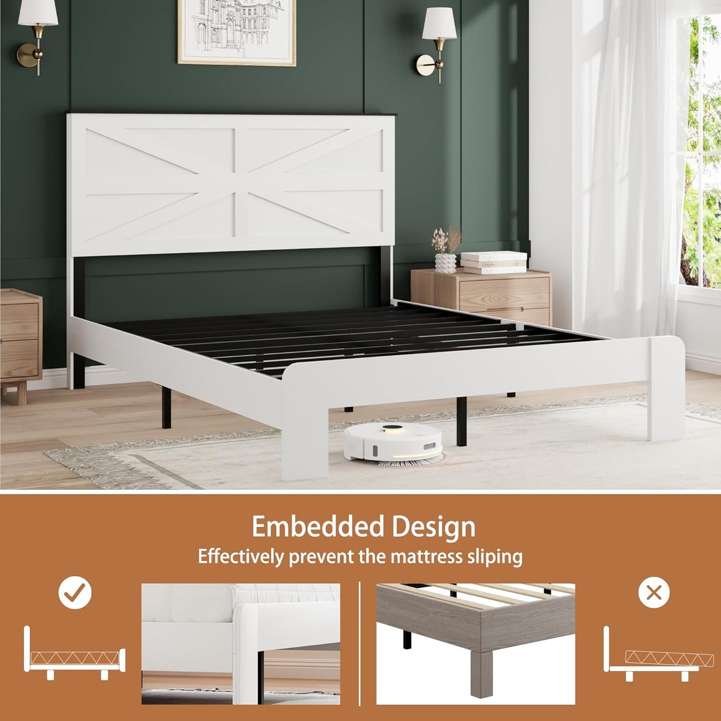 Farmhouse Queen Size Wooden Bed Frame with Headboard, Boho Platform Bedframe, Sturdy Metal Slats Support, No Box Spring Needed, Noise Free, Easy Assembly, White