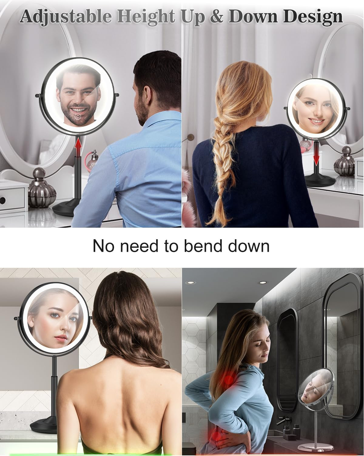 Makeup Mirror with Lights, 1X/30X Lighted Magnifying Mirror Height Adjustable, 3000Mah Rechargeable Double Sided Vanity Mirrors with 3 LED Lighting and Adjustable Brightness for Desk Women Gift