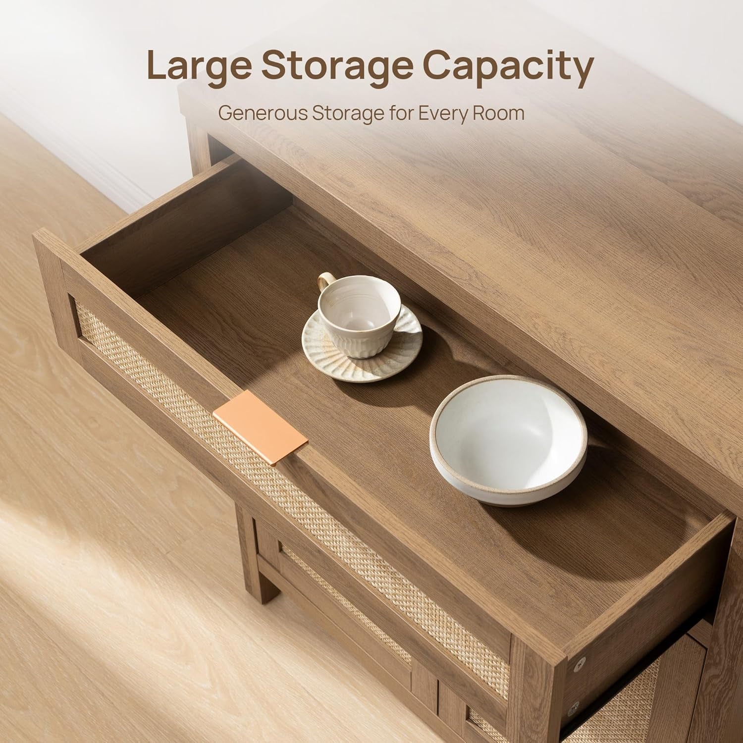 Buffet Cabinet Sideboard with Storage, Rattan Accent Cabinet with Doors Drawer, Boho Credenzas Farmhouse Buffet Table Console Coffee Bar Cabinets for Entryway Living Room, Natural Oak