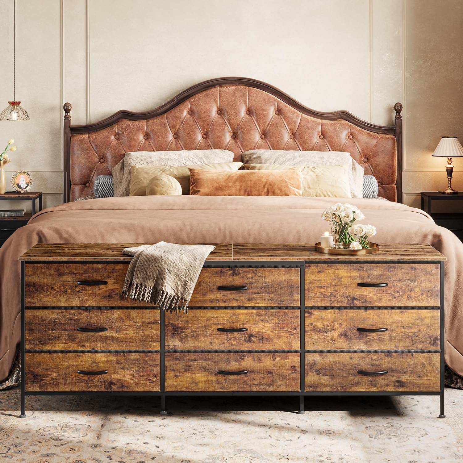 63 Inch Dresser for Bedroom, Dresser for Closet with 9 Drawers, Large TV Stand for 55, 65, 70 Inch TV, Entertainment Center with Storage, Wide Long Chest of Drawers, Rustic Brown