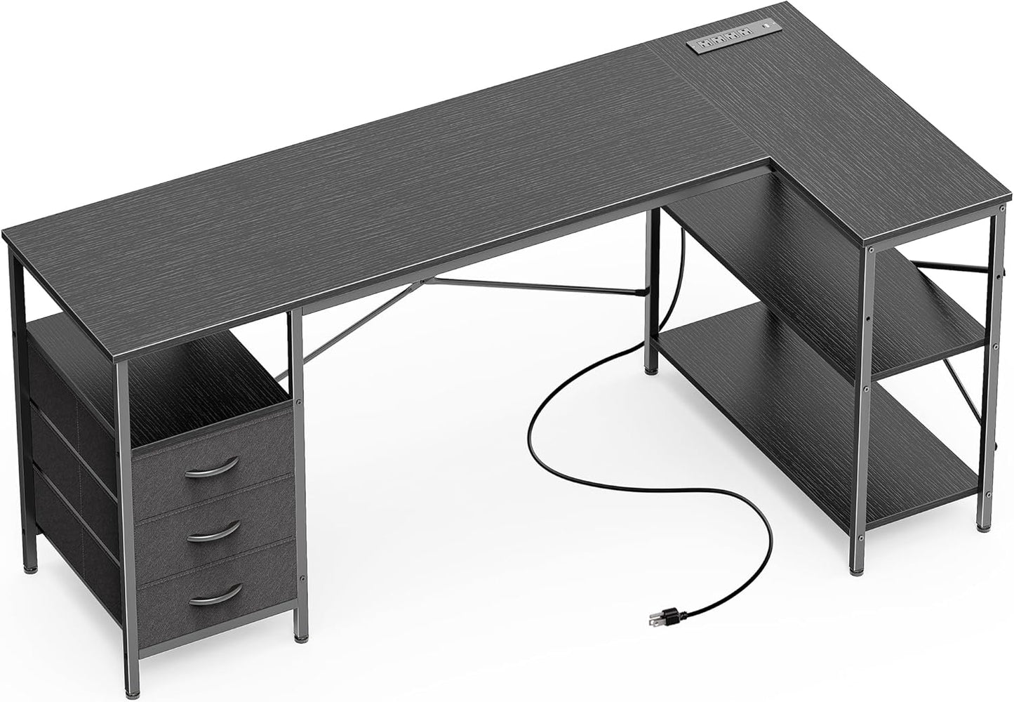 L Shaped Desk with Power Outlets, 63 Inch Reversible Computer Desk with 3 Drawers and Shelves, Home Office Table for Corner Work Study Writing Gaming, Black