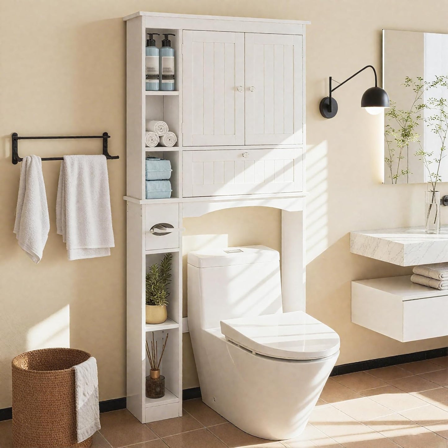 over the Toilet Storage Cabinet, 31.5''W Freestanding Space Saver with Doors, Adjustable Shelf & Toilet Paper Holder, over Toilet Bathroom Organizer for Laundry, Restroom, White