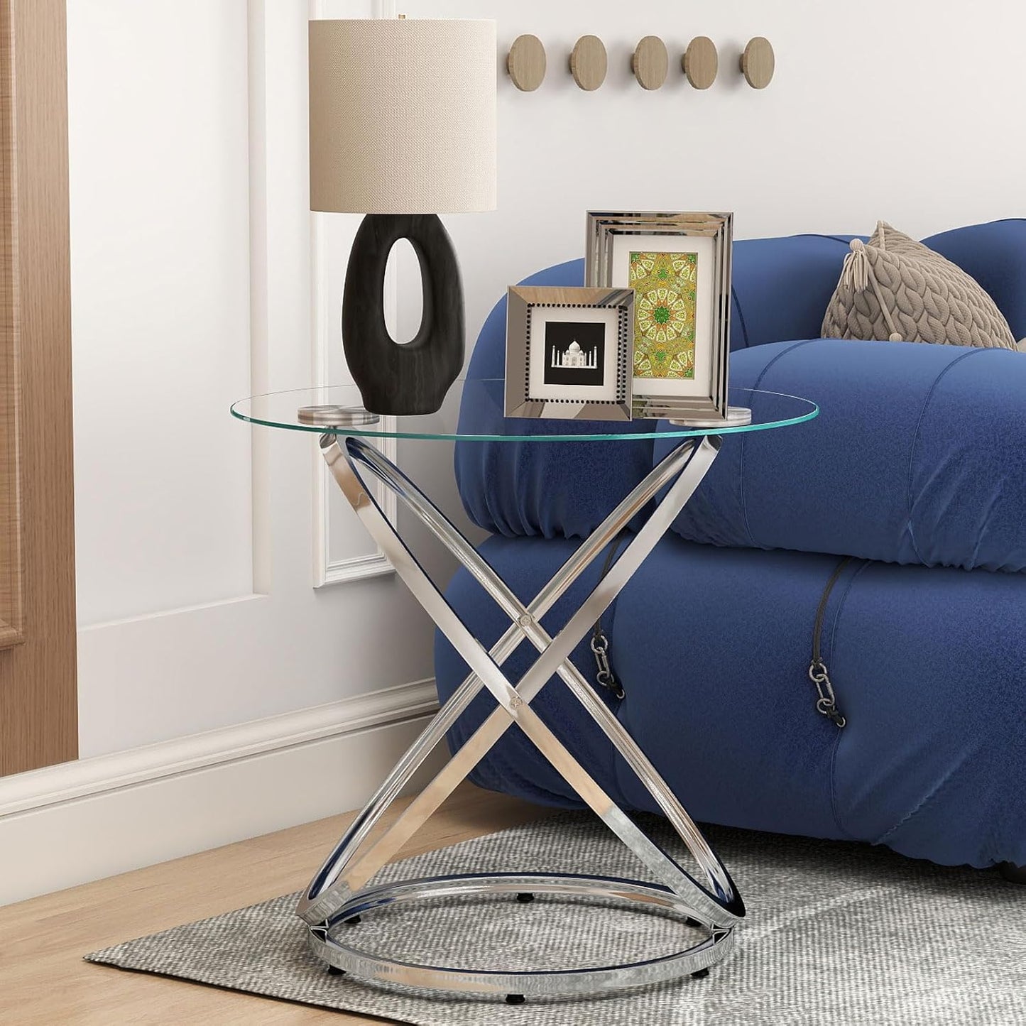 Glass round End Table, Modern Contemporary Side Table for Small Space with Tempered Glass Tabletop for Living Room, Chrome Finish