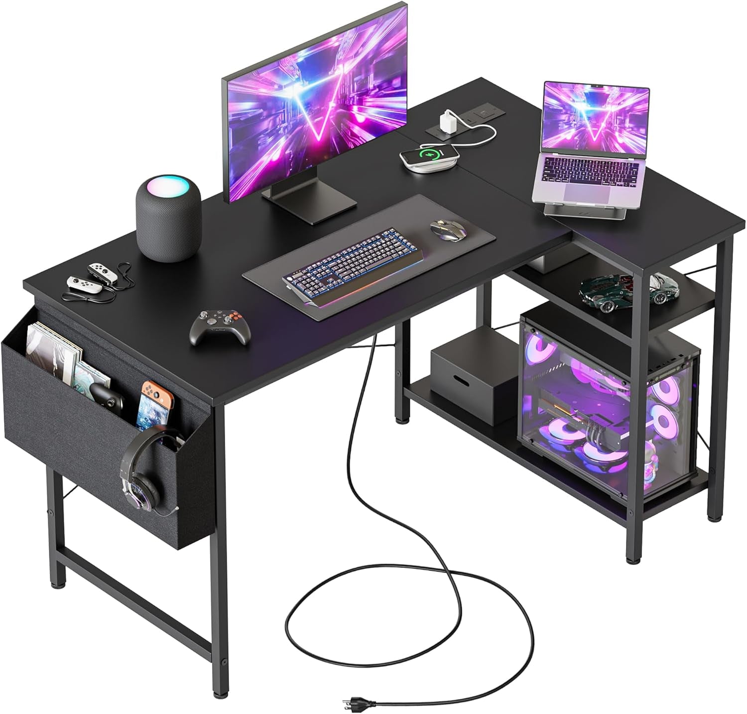 Small L Shaped Computer Desk with Power Outlets, Gaming Desk for Small Spaces, Corner Desk with Reversible Storage Shelves, Study Writing Table for Home Office (Socket, Black, 40 Inch)