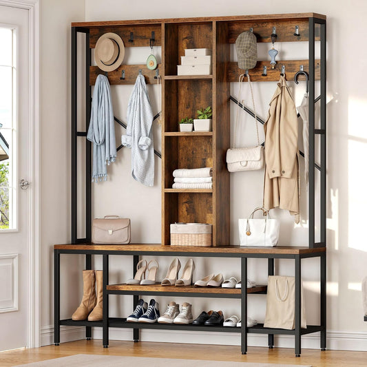 Farmhouse Entryway Bench with Coat Rack 59", 5-In-1 Hall Tree with Bench and Shoe Storage for Entrance, Living Room, Bedroom, Rustic Brown