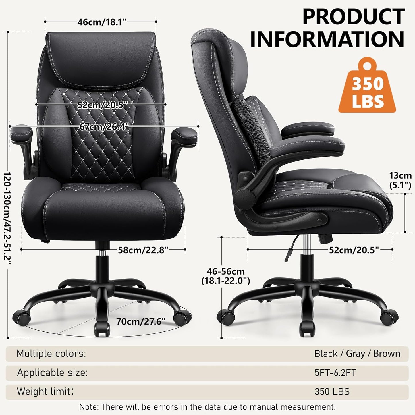 Office Chair,Ergonomic Office Chair with Lumbar Support for Lower Back Pain Relief, Executive Leather Chair with Padded Flip-Up Arms, Wheels and Adjustable Armrests, Black