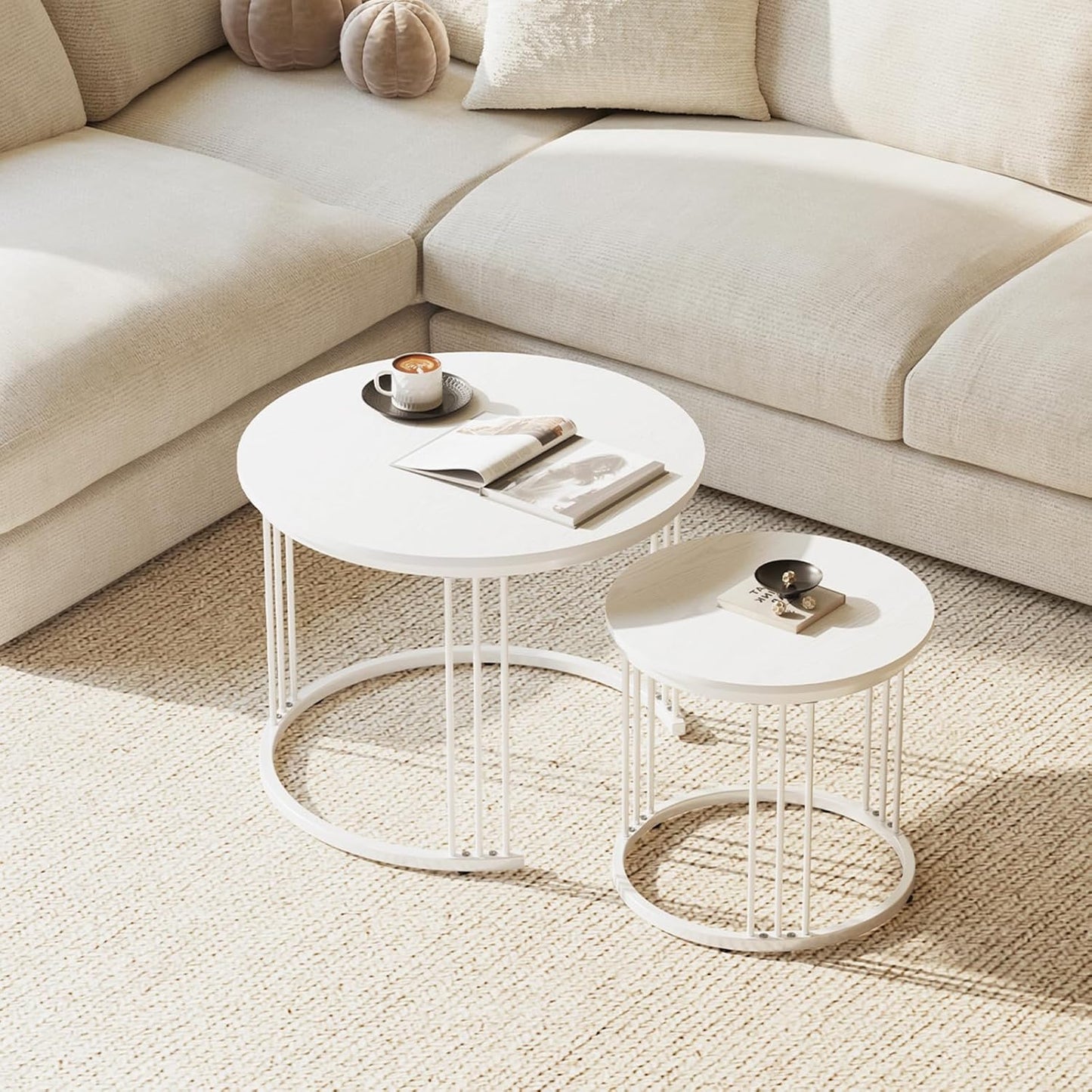 Nesting Coffee Table, 23.6" round Coffee Table Set of 2, Wooden Nesting Table with Metal Frame, Ceter Tables for Living Room Bedroom Balcony, White