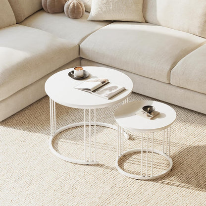 Nesting Coffee Table, 23.6" round Coffee Table Set of 2, Wooden Nesting Table with Metal Frame, Ceter Tables for Living Room Bedroom Balcony, White
