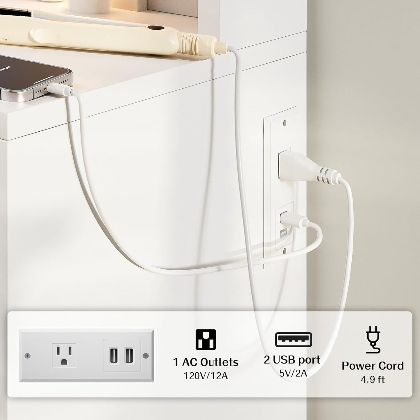 Vanity Desk with Lighted Mirror and Power Outlets, Makeup Vanity Set with Storage Drawer, Shelves and Chair, White Dressing Table with 3 Color Lighting Modes for Bedroom