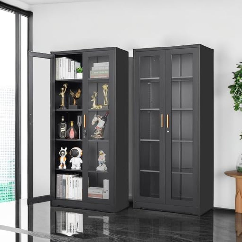 Glass Display Cabinet with Lock, Metal Curio Cabinet with Tempered Glass Doors & Adjustable Shelves, Heavy-Duty China Cabinets for Living Room, School, Commercial, Black, Assembly Required