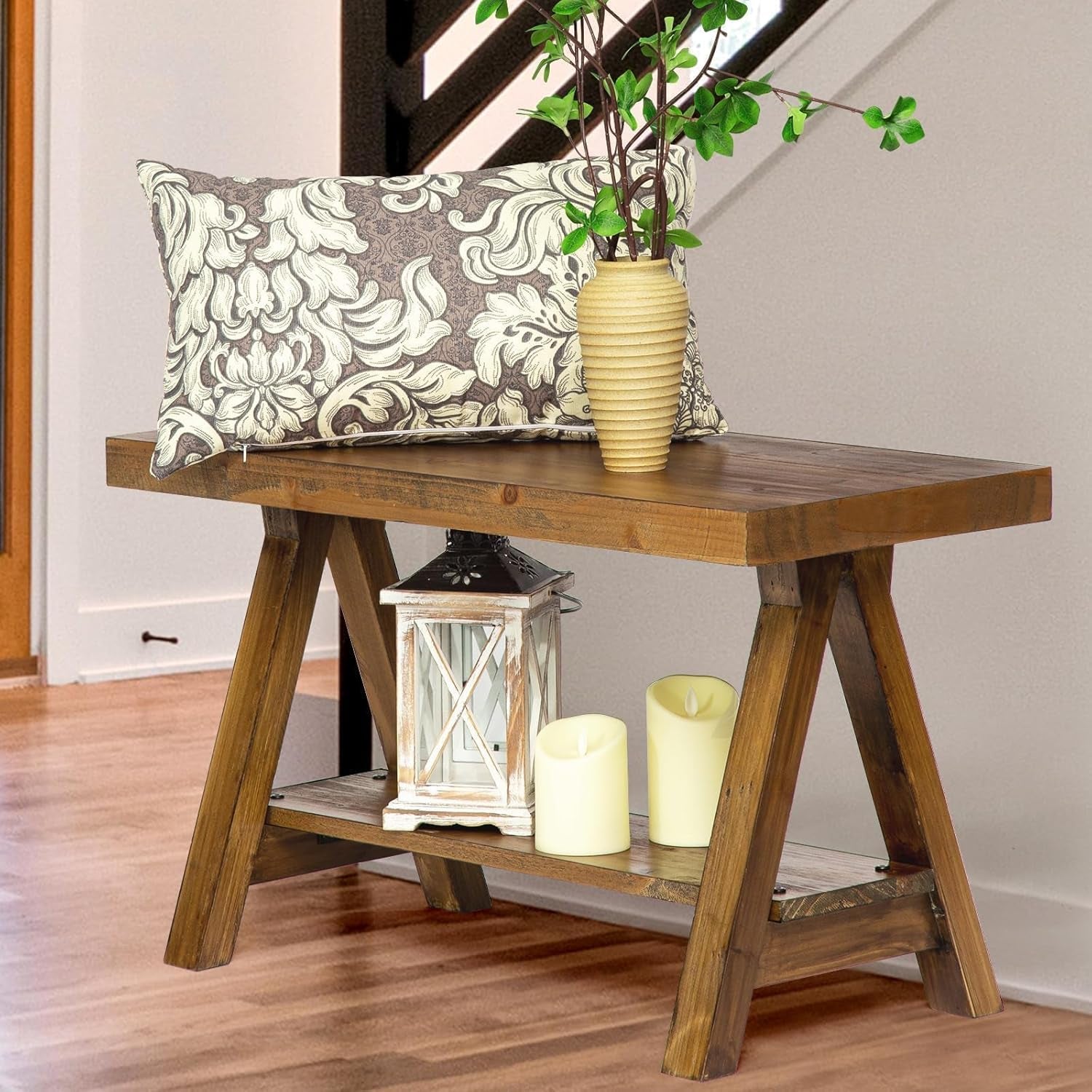 Farmhouse Wood Bench, Rustic Indoor Storage Bench for Entryway, Living Room, Dining Room, Solid Wood Construction, Original Wood