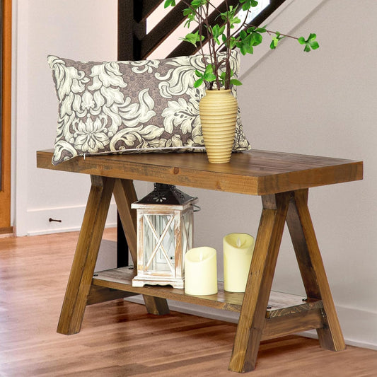Farmhouse Wood Bench, Rustic Indoor Storage Bench for Entryway, Living Room, Dining Room, Solid Wood Construction, Original Wood