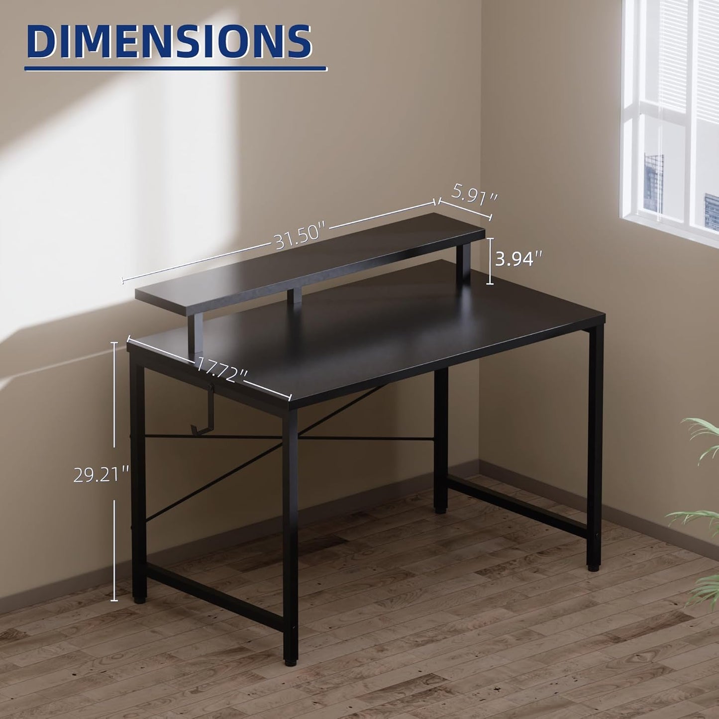 32 Inch Small Computer Desk with Monitor Stand, Simple Office Desk with Headphone Hook for Small Spaces, Kids Study Writing Table for Bedroom, Black