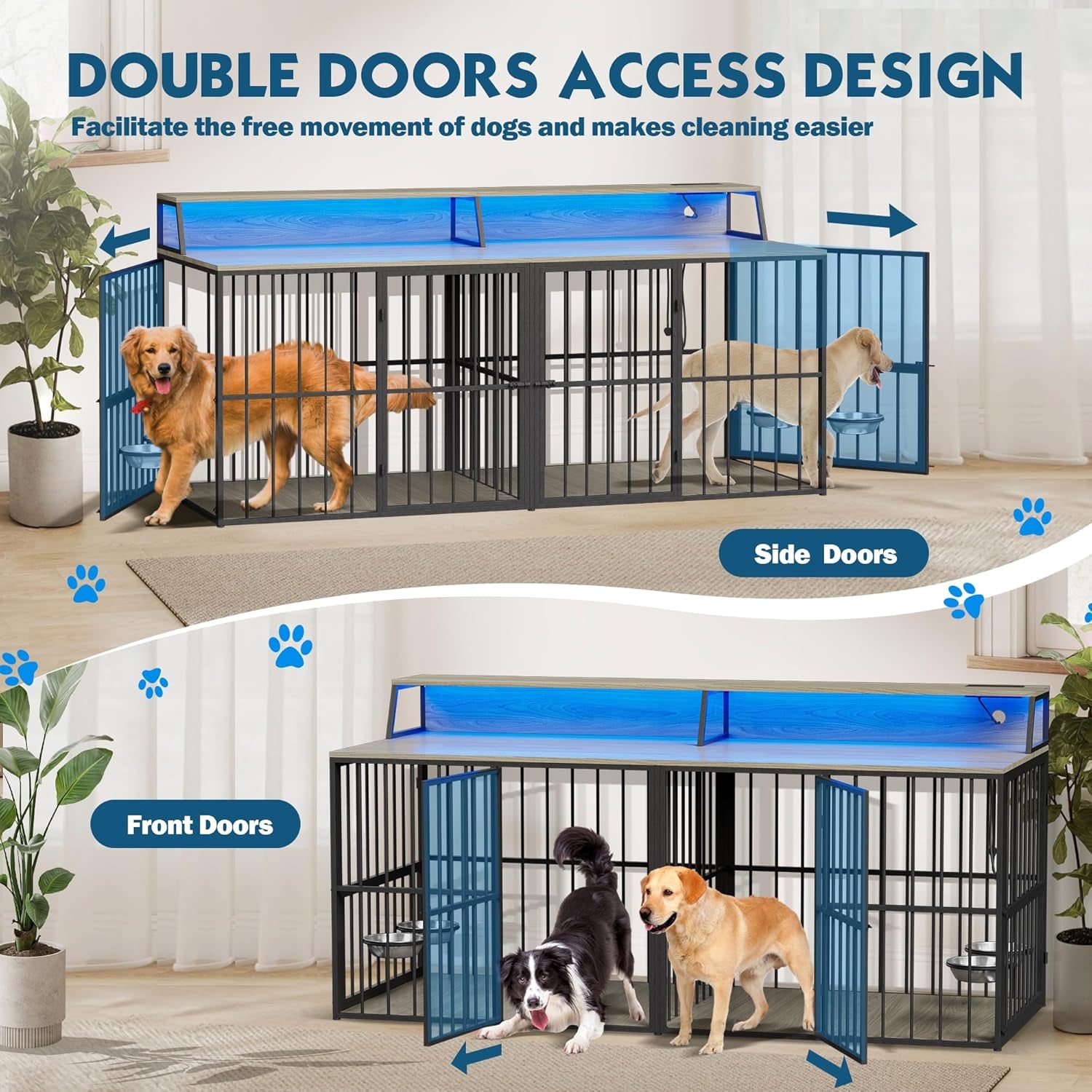 71.5" Dog Crate Kennel Furniture Indoor, Large Double Dog Crate TV Stand W/Led Light & Power Outlet, Furniture Style Wooden Dog Cage for Large Medium Dogs W/4 Lockable Doors & Rotating Bowls