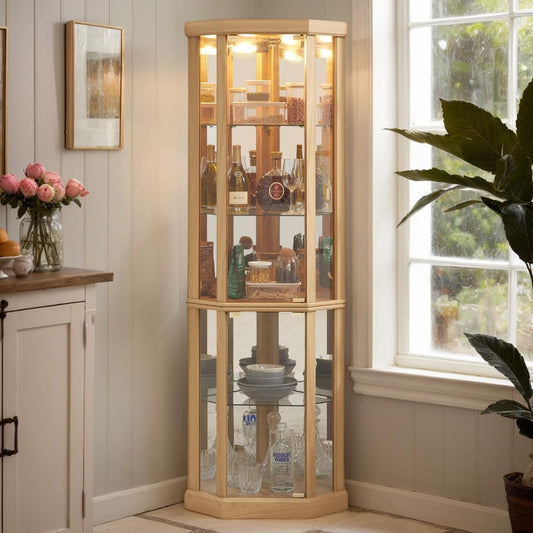 Corner Curio Cabinet, 70" H Lighted Glass Display Cage with Tempered Glass Doors and 5 Adjustable Shelves, Light Bulb Inclued, Wine Bar China Cabinet for Living Room (Light Oak)