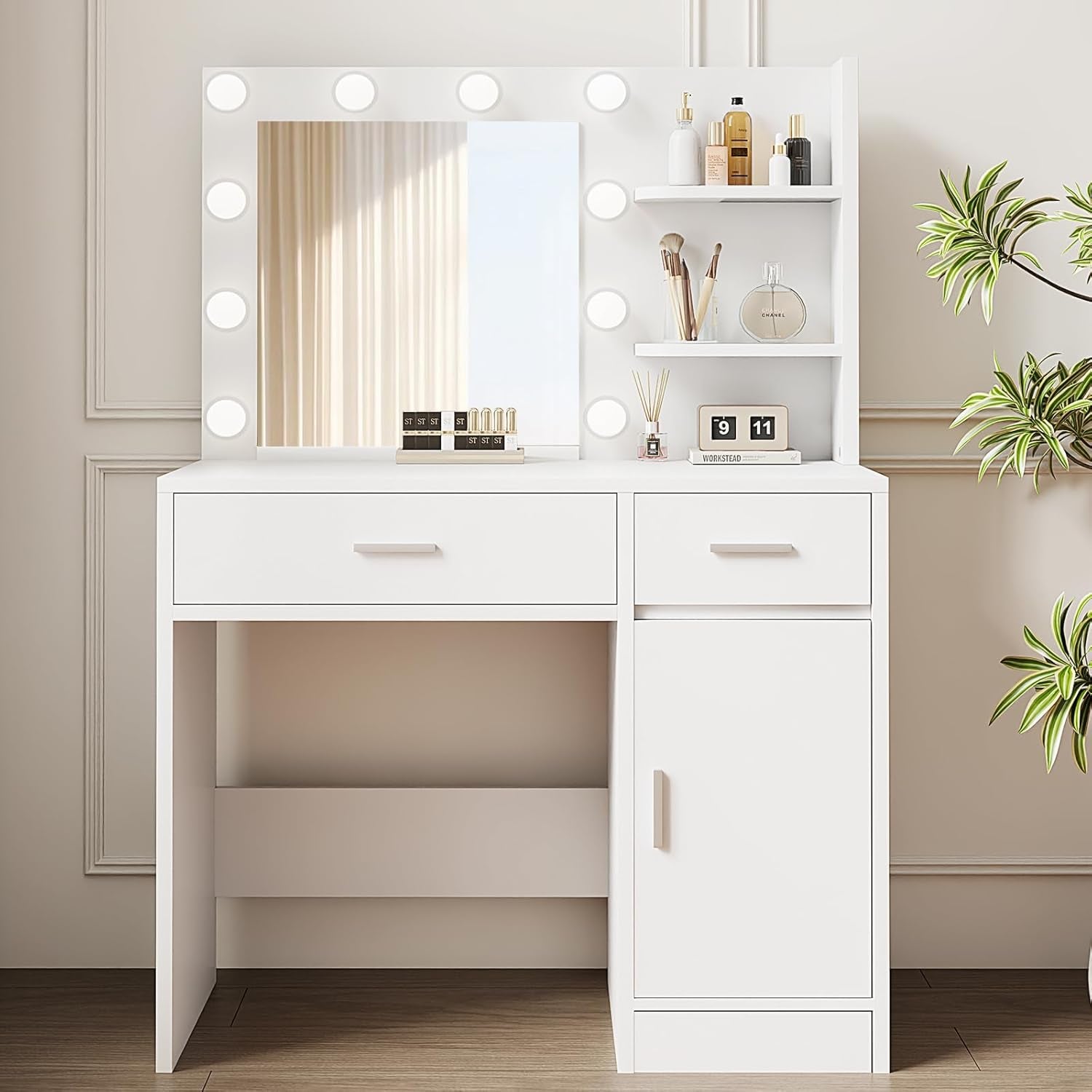 Lighted Makeup Vanity Desk, 35.4“W X 15.7'”D X 54“H, White (With Lights and Mirror, Dimming Function, 2 Drawers and 1 Cabiniet, Open Shelves) by Boahaus
