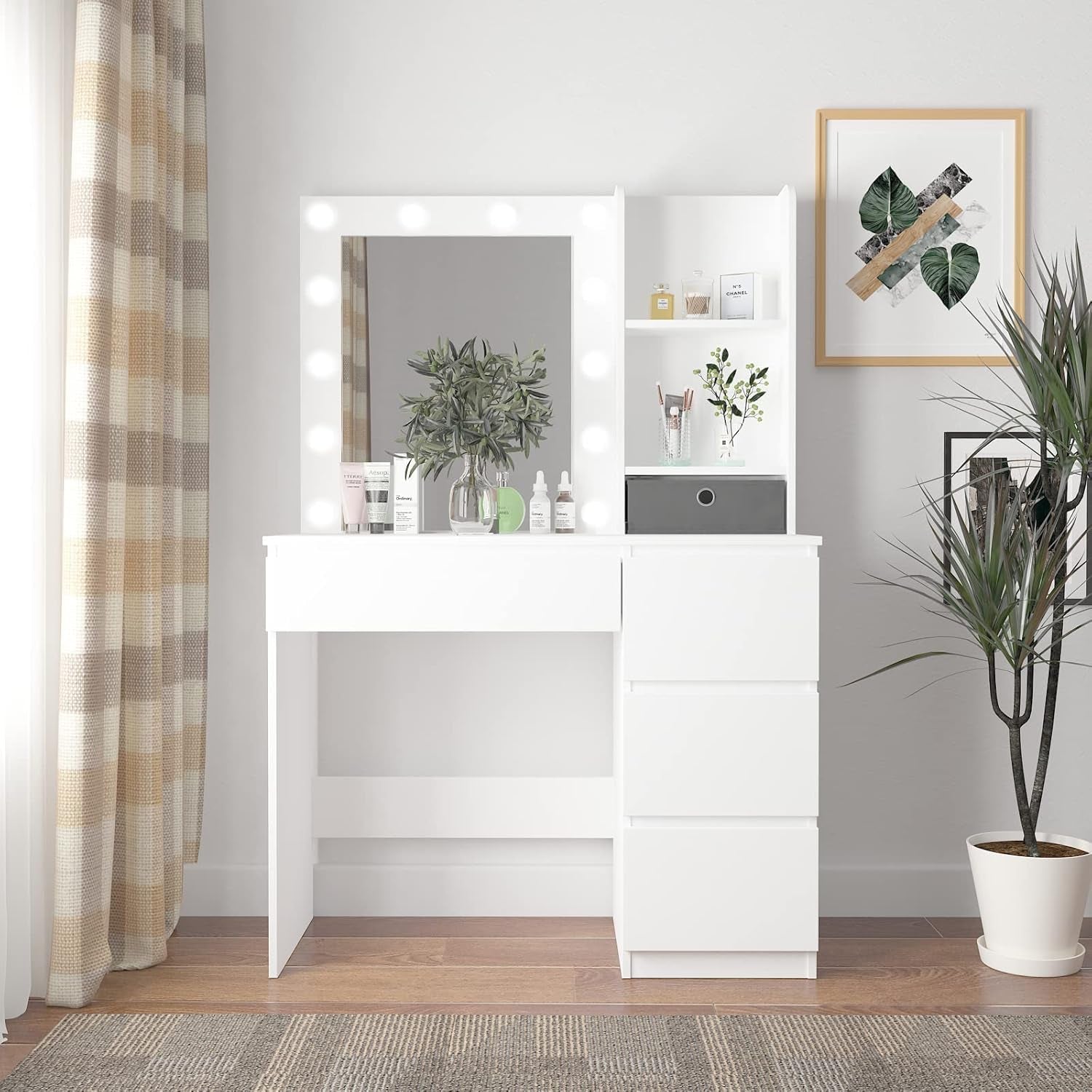 Makeup Vanity with Lights, 37Inch Vanity Desk, 4 Large Drawers Dresser with Lighted Mirror, 3 Lighting Modes Brightness Adjustable, White