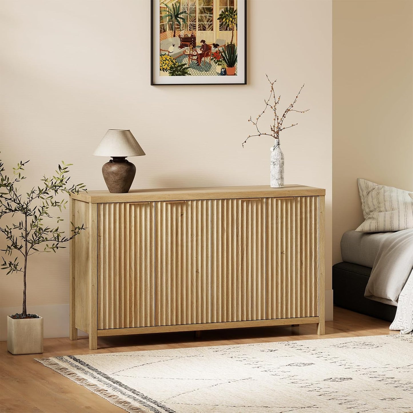Buffet Cabinet Fluted Sideboard 56" Accent Cabinet with Adjustable Shelves 4 Doors Modern Storage Credenza for Living Room Kitchen Hallway,Golden Oak