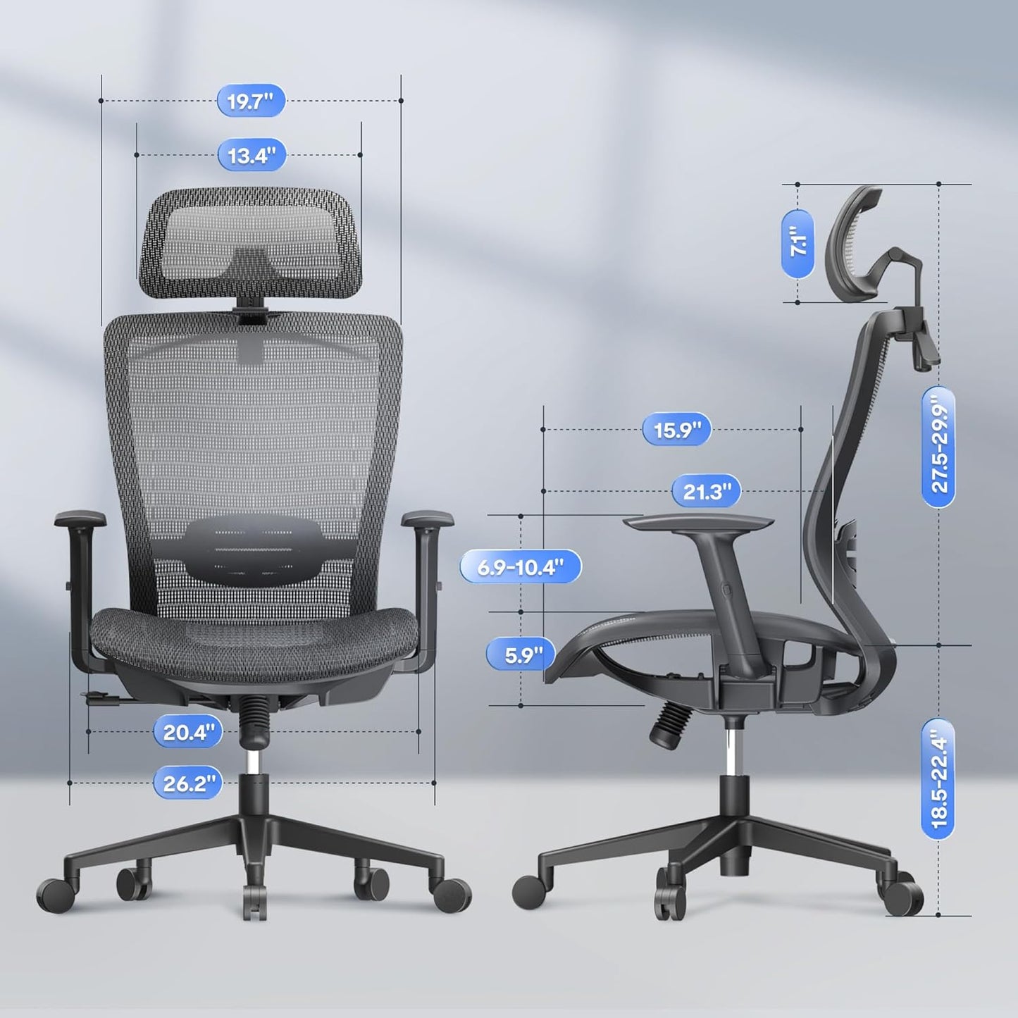 Ergonomic Office Chair, High Back Mesh Swivel Computer Chair, Executive Office Desk Chairs, with Adjustable Lumbar Support/2D Headrest/Lockable Backrest, OC3 Mesh Seat, Gray