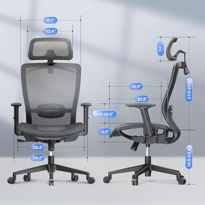 Ergonomic Office Chair, High Back Mesh Swivel Computer Chair, Executive Office Desk Chairs, with Adjustable Lumbar Support/2D Headrest/Lockable Backrest, OC3 Mesh Seat, Gray