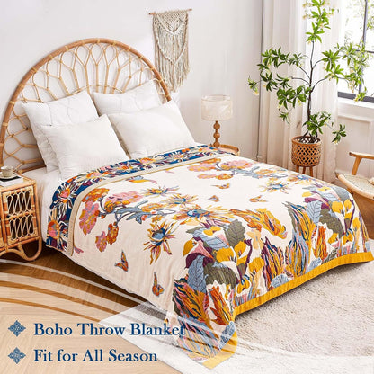 Boho Throw Blanket, 100% Cotton Ultra Soft Luxury Throw Rustic Quilt, 50"X60" Floral Bird Butterfly Farmhouse Decor Bed Blankets, All Season Rustic Reversible Bohemian Throw for Bed - Yellow