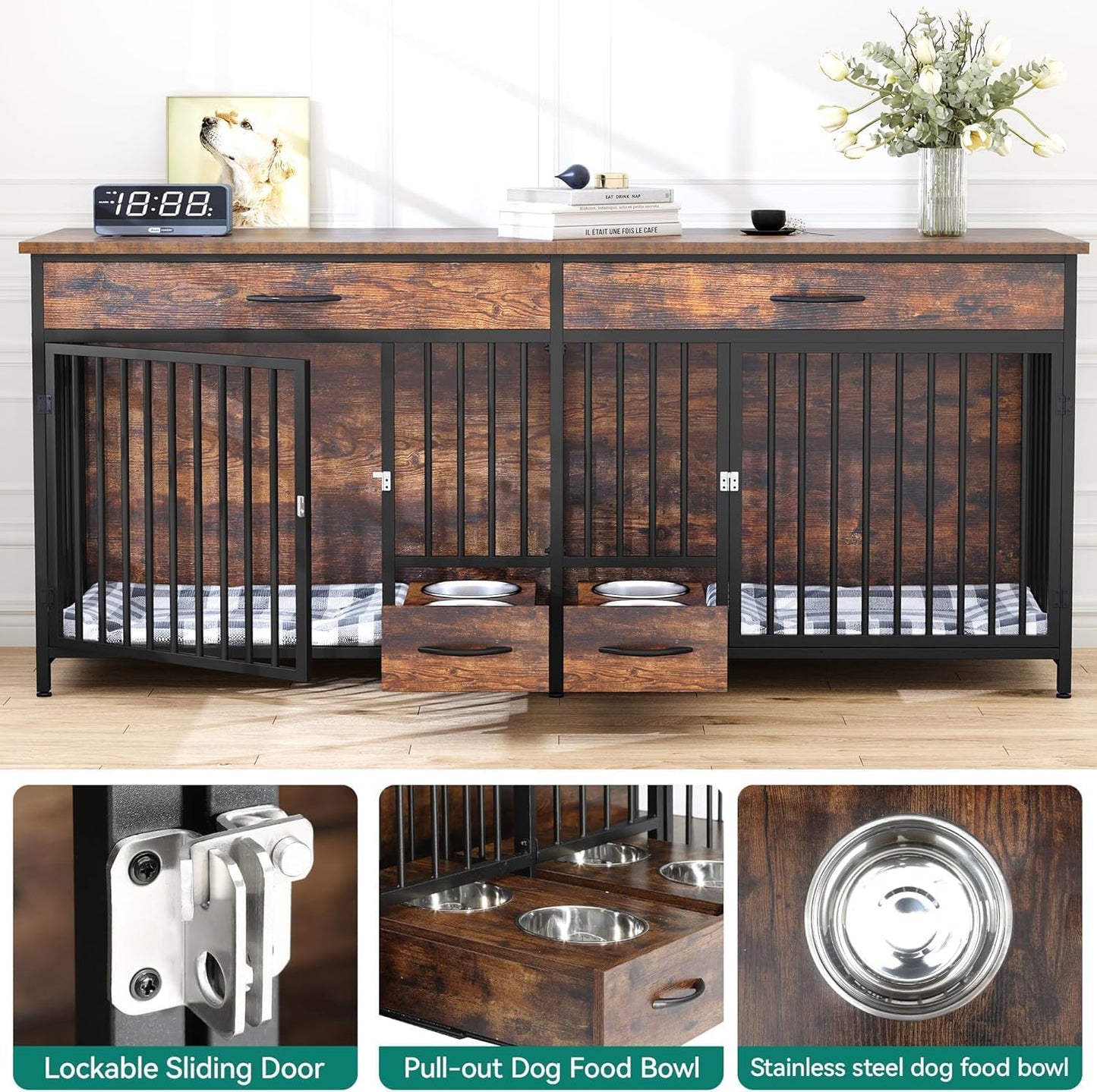 91.3" Double Dog Crate Furniture with Dog Feeder, Heavy Duty Indoor Dog Kennel TV Stand with Drawers, Sturdy Dog Kennel with Divider for 2 Medium Large Dogs, Brown