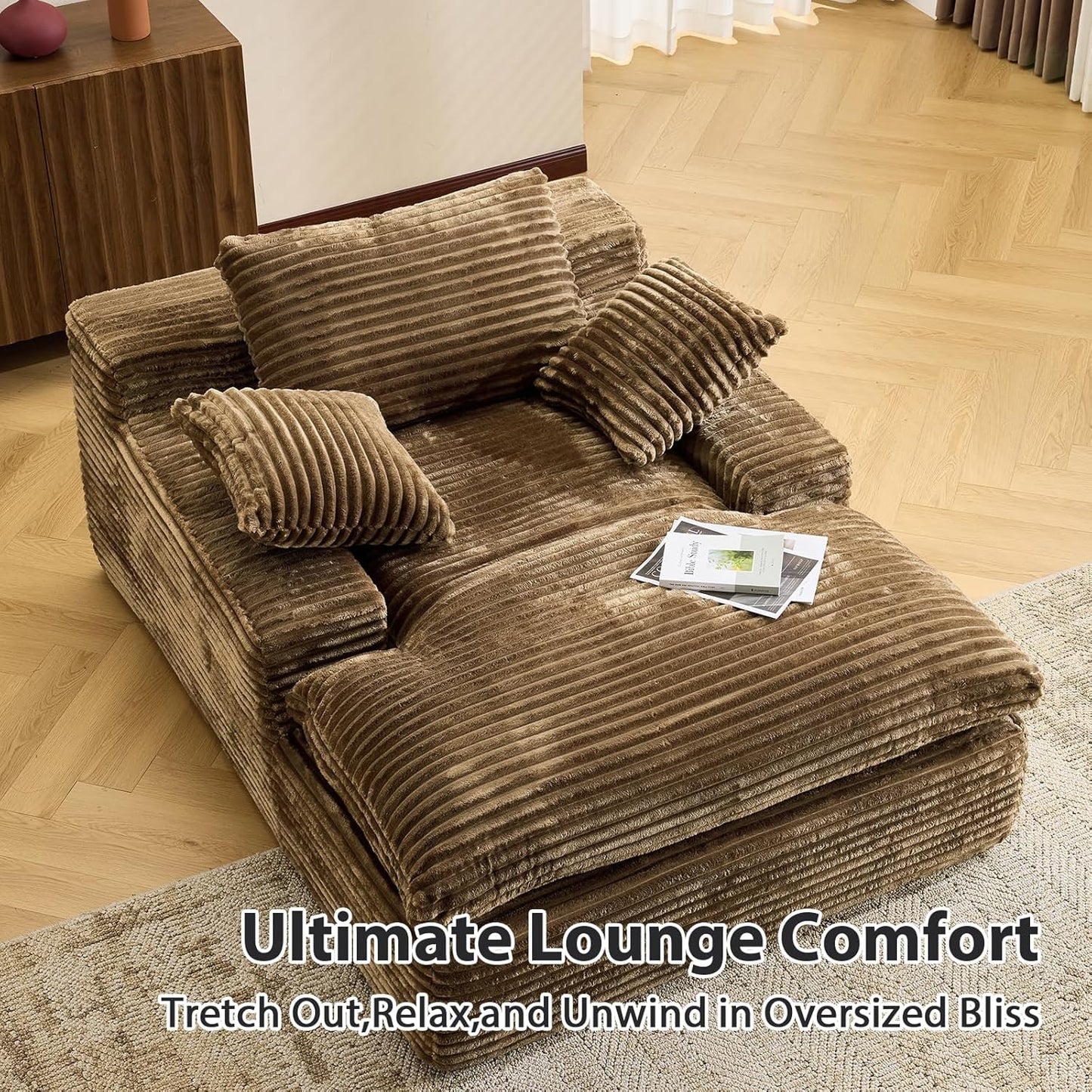 67 Inch Chaise Lounge Chair Indoor, Oversized Corduroy Upholstered Boneless Sofa Bed, Deep Seat Sleeper Couch Reading Chairs Cloud Sofas Couches for Living Room Bedroom, No Assembly Required, Brown