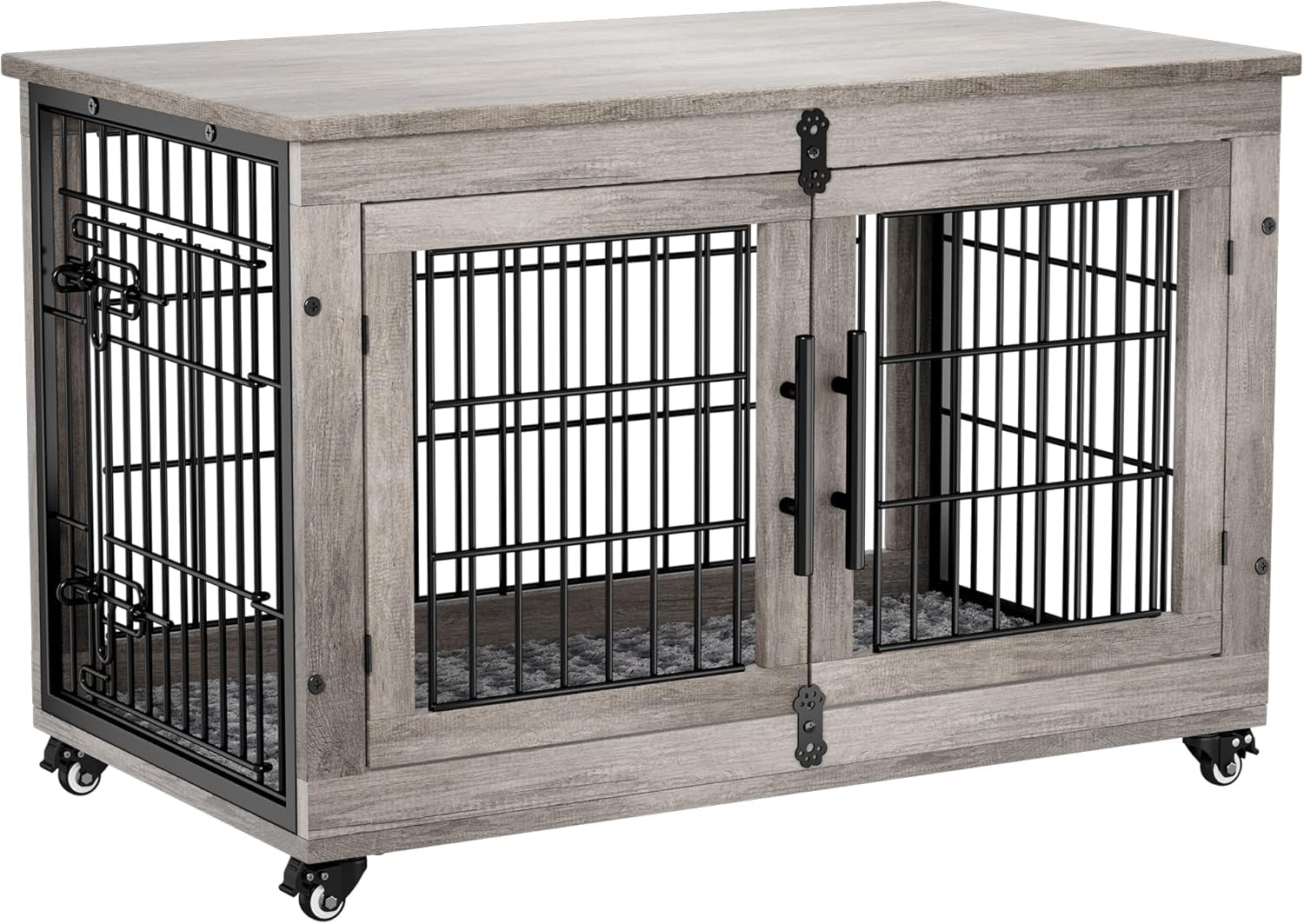 Large Dog Crate Furniture, 38'' Wooden Dog Crate End Table, Double Door Dog Kennel Indoor with Cushion & Wheels, Decorative Dog Cage House Chew-Resistant for Large/Medium, Grey