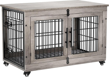 Large Dog Crate Furniture, 38'' Wooden Dog Crate End Table, Double Door Dog Kennel Indoor with Cushion & Wheels, Decorative Dog Cage House Chew-Resistant for Large/Medium, Grey