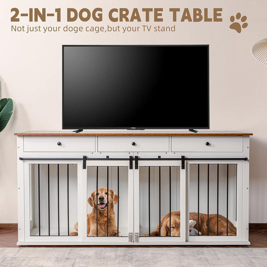 Dog Crate Furniture Large Breed Wooden Dog Kennel with Room Divider & 3 Drawer,Double Doors Heavy Duty Dog Crate End Table Indoor TV Stand for Small Medium Large Dog,72''W*24''D*35''H,White