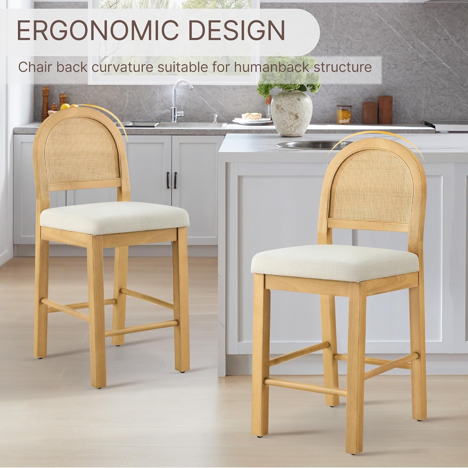 Rattan Counter Height Bar Stools Set of 3, Upholstered Farmhouse Barstools with Natural Rattan Back, Wooden Legs for Kitchen Island, Natural/Linen