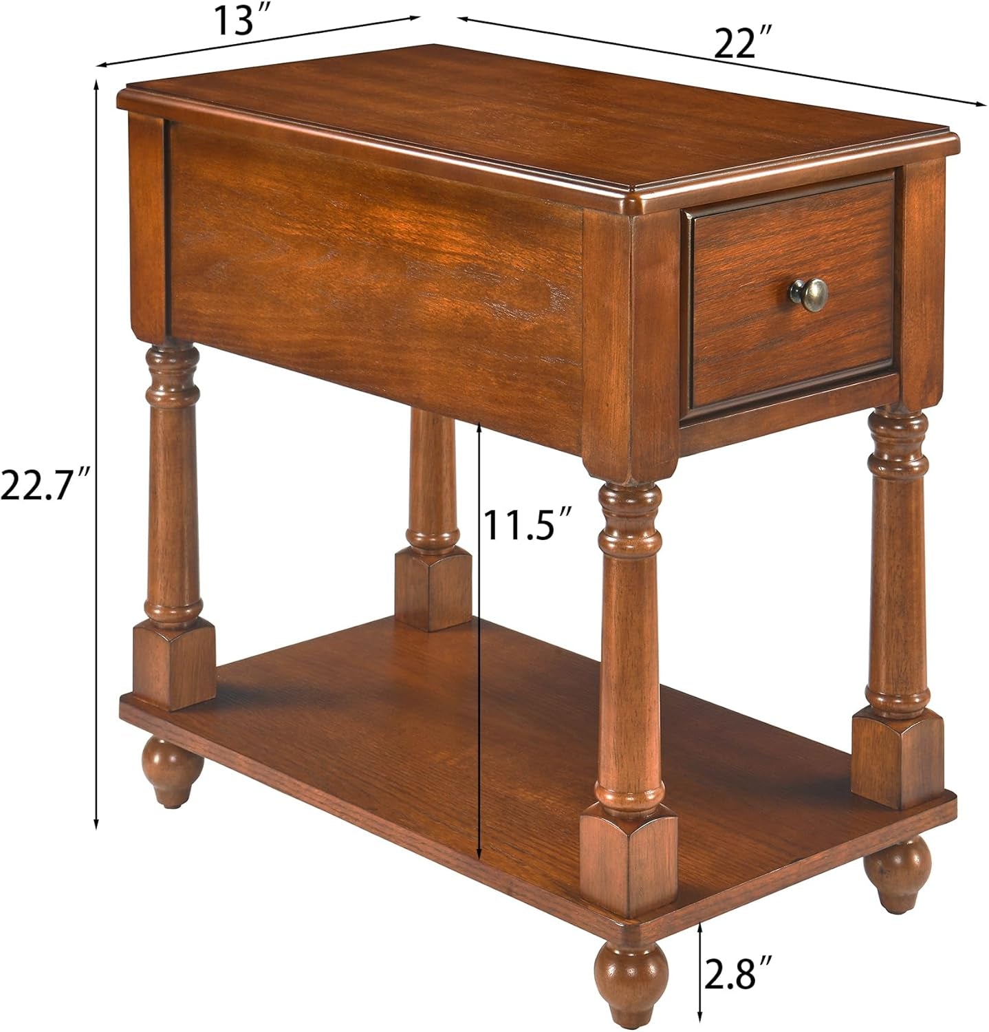 Narrow End Table with Drawer and Storage Shelf, Solid Wood Sofa Side Tables, Slim beside Table-, Telephone for Small Spaces, Living Room, 22"L X 13"W X 22.7"H No-Tools Assembly Caramel Brown BBJ004DR