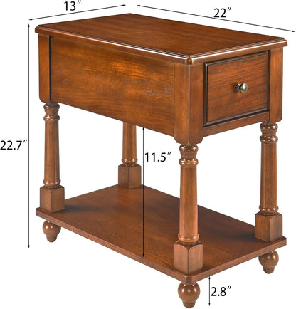 Narrow End Table with Drawer and Storage Shelf, Solid Wood Sofa Side Tables, Slim beside Table-, Telephone for Small Spaces, Living Room, 22"L X 13"W X 22.7"H No-Tools Assembly Caramel Brown BBJ004DR