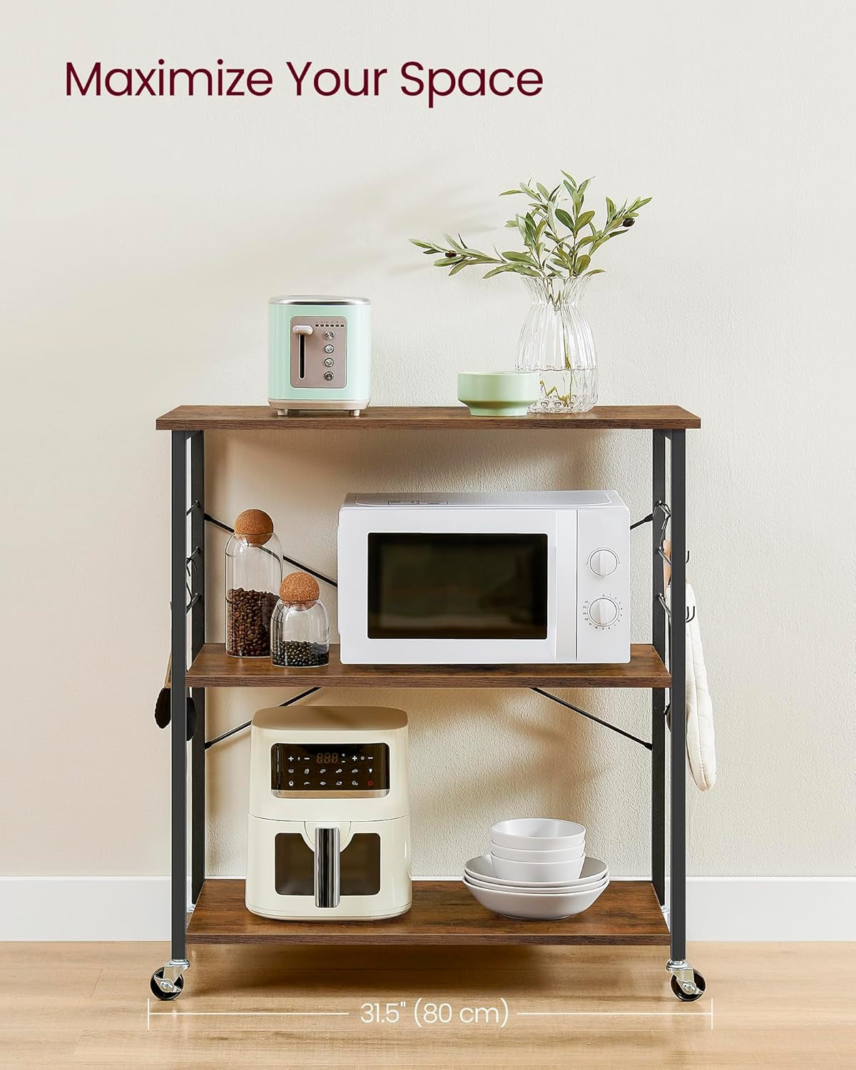 Kitchen Shelf on Wheels, Serving Cart with 3 Shelves, Kitchen Cart, Microwave Shelf, for Mini Oven, Toaster, with 6 Hooks, Industrial Style, Rustic Brown and Black UKKS067K01