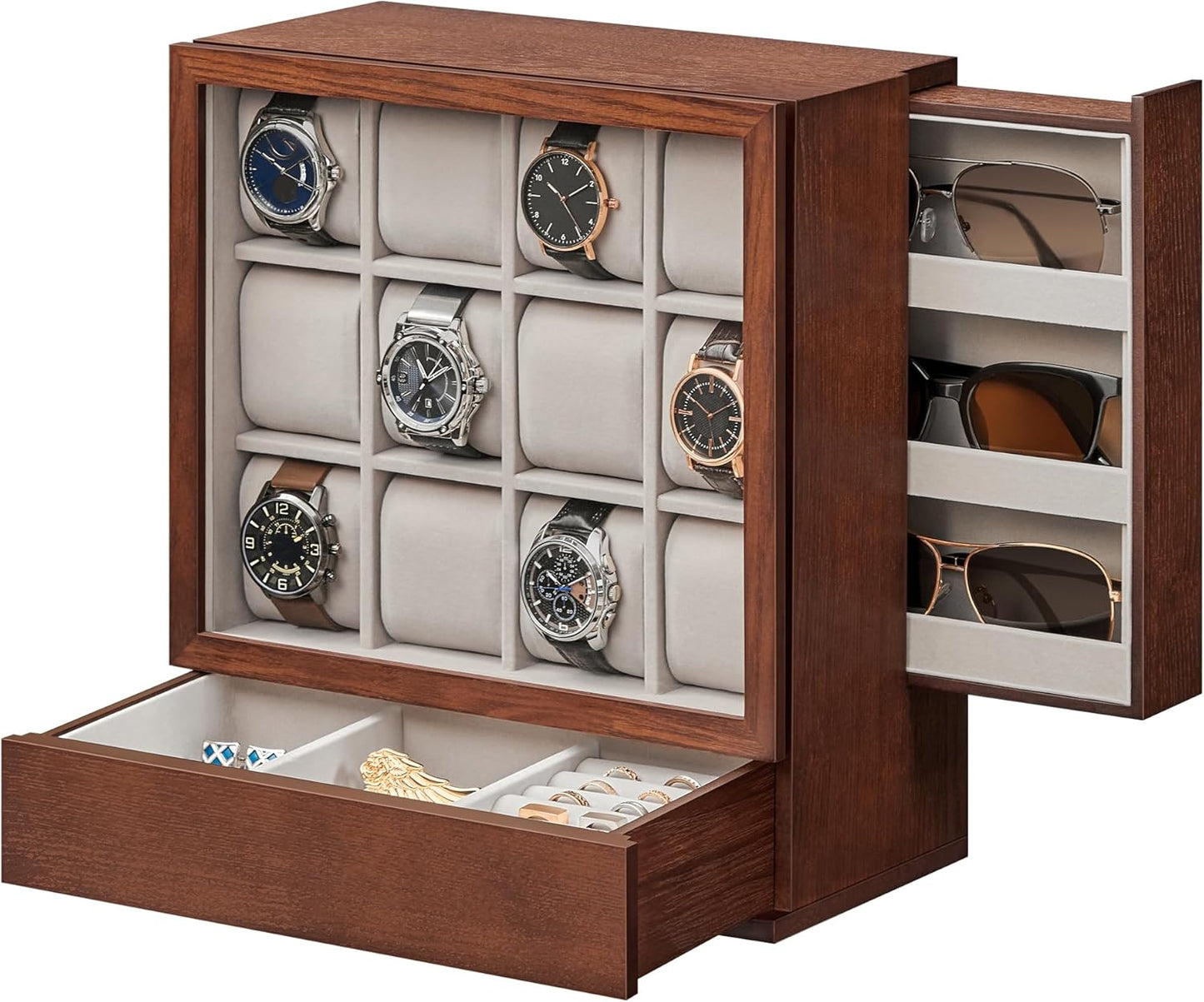 12-Slot Watch Box, Watch Display Case with Window, Solid Wood Veneer, Velvet Lining, Vertical Storage, Space Saving, Gift Idea, Ebony Black UJOW014B01