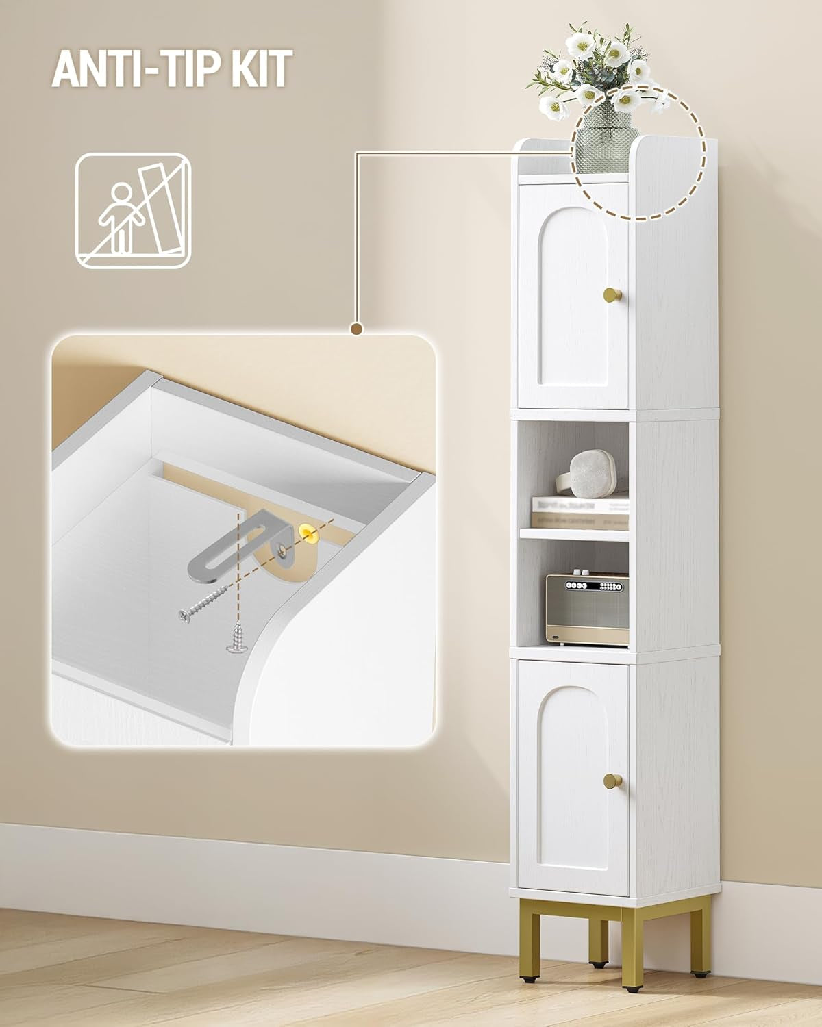 Narrow Bathroom Storage Cabinet, Bathroom Organizers and Storage with 2 Doors, Open Space，Adjustable Shelf, Laundry Room Organization for Small Space, Kitchen, Living Room, White BC22413G