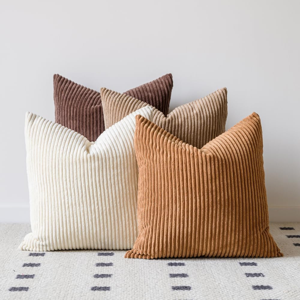 Neutral Couch Throw Pillow Covers 18X18 Inch Set of 4 Decorative Farmhouse Boho Throw Pillows for Living Room, Couch, Bed, Sofa Soft Corduroy Accent Home Decor (Neutral Brown, 18X18 Inch)