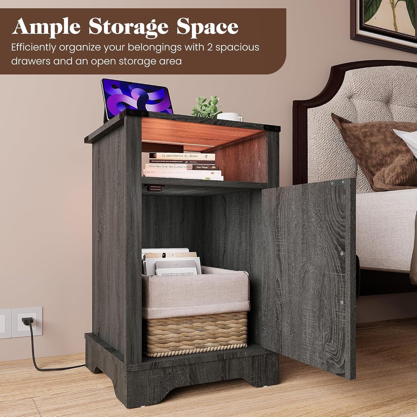 Farmhouse Nightstand, End Table with LED Lights and Charging Station, Tall Bedside Table with Large Storage and Shelf, Wooden Side Table for Bedroom, Home Office, Dark Grey