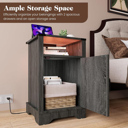 Farmhouse Nightstand, End Table with LED Lights and Charging Station, Tall Bedside Table with Large Storage and Shelf, Wooden Side Table for Bedroom, Home Office, Dark Grey